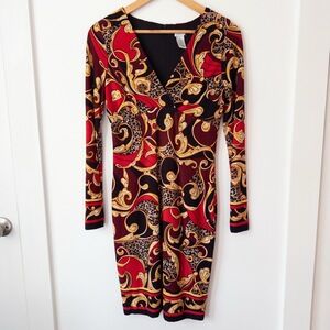 Y2K‎ Cache Baroque Leopard Babydoll Tight Midi Dress S Long Sleeve Glam Mob Wife